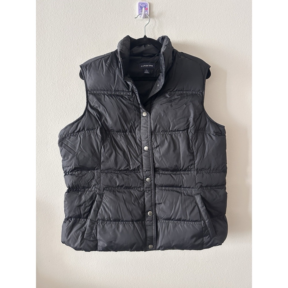 Lands End Women Large Down Puffer Vest Snap Pockets Travel Black Ski Lightweight